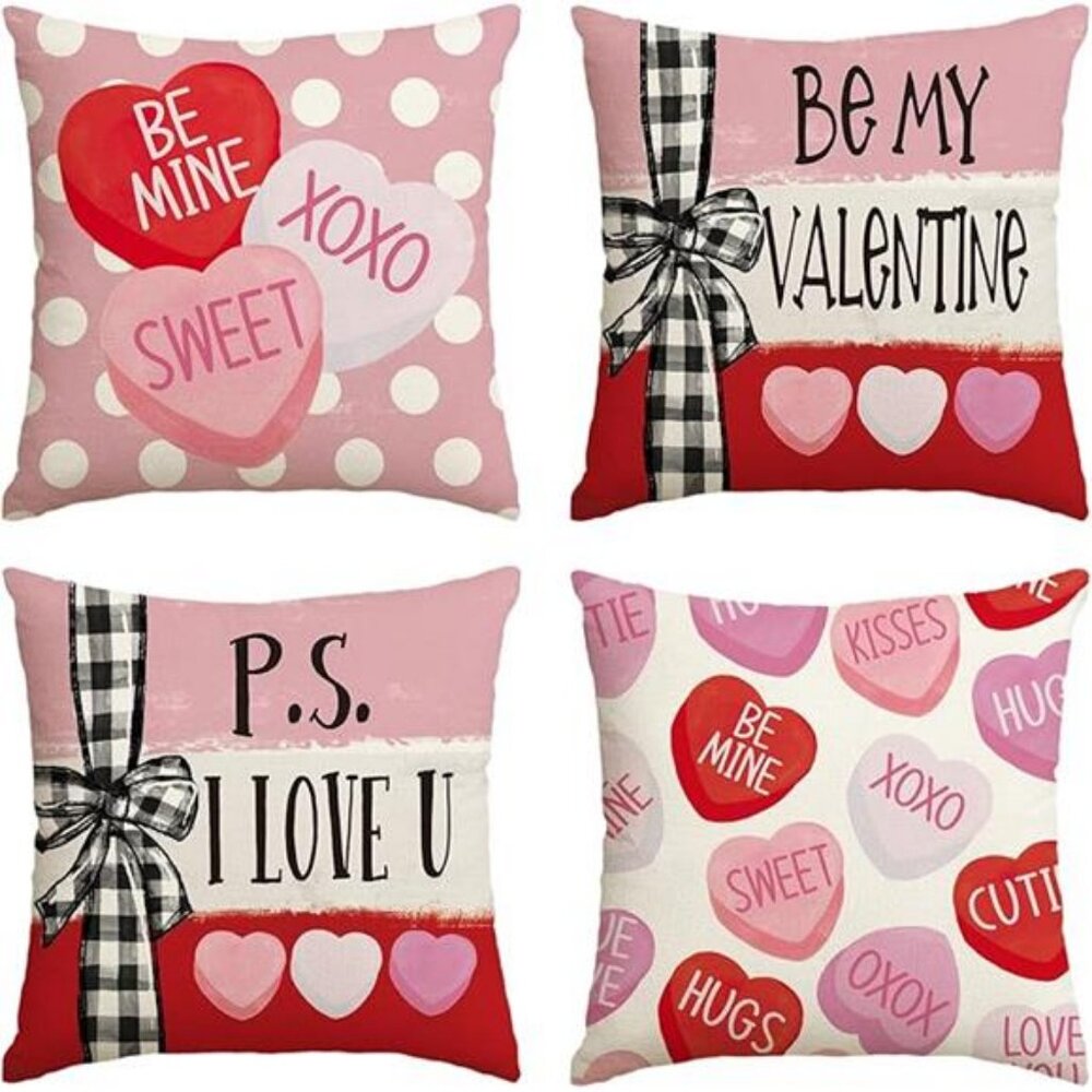 Lovely Be My Valentine Red Candy Heart Throw  4 Pillow Covers, 18 x 18 - Picture 7 of 7